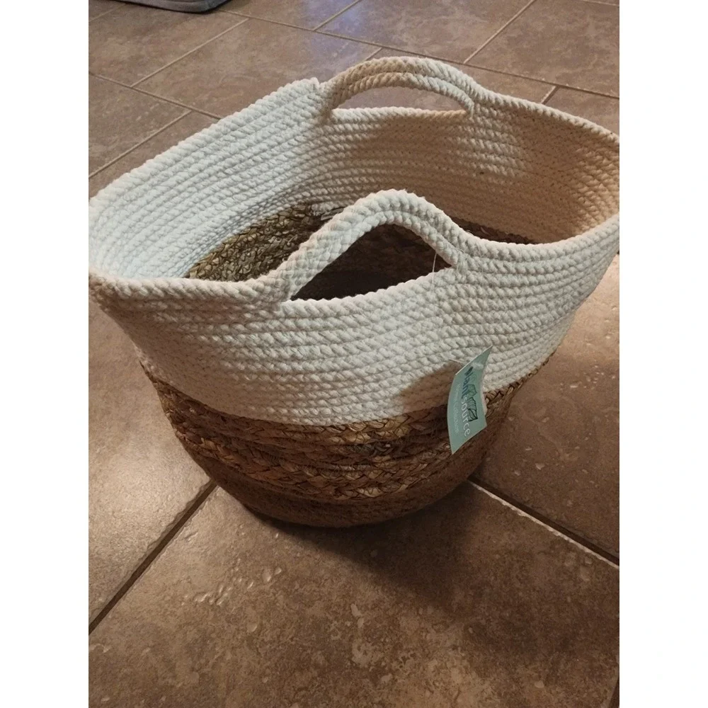 Plant Source 11 Inch Tropical Foliage Woven Jute Cotton Rope Basket Cream